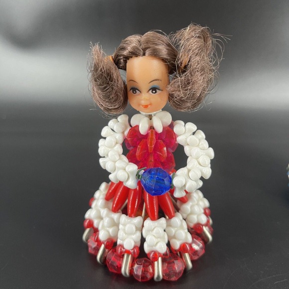 Vintage Tramp Art Doll Head Beaded Safety Pin Girls Blue Red Dress Display - Picture 3 of 16
